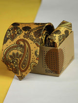 Mustard Paisley Printed Necktie and Pocket Square Set