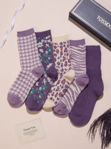 Purple Houndstooth & Floral Socks – Pack of 5