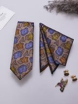 Beige Floral Necktie Pocket Square Brooch & Cufflinks Giftset