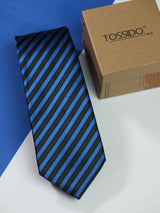 Black & Blue stripe necktie in woven microfiber, flat lay