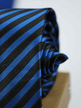 Black & Blue stripe necktie in woven microfiber, tied view