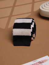 Black & Cream Stripes Silk Knitted Necktie - TOSSIDO