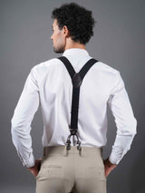 Black Elastic Suspender with Self - Checks & Vegan Leather Patch - TOSSIDO
