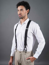Black Elastic Suspender with Self - Checks & Vegan Leather Patch - TOSSIDO