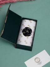 Black Enamel Gold Swirl Camellia Brooch - TOSSIDO