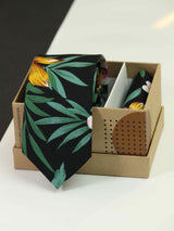 Black Floral Necktie & Pocket Square Giftset - TOSSIDO