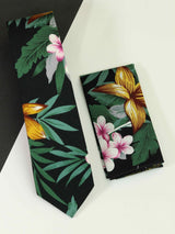 Black Floral Necktie & Pocket Square Giftset - TOSSIDO