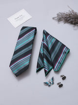 Black & Green Striped Necktie Pocket Square Brooch & Cufflinks Giftset - TOSSIDO