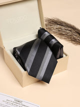 Black & Grey Stripe Performance Silk™ Necktie & Pocket Square Gift Set - TOSSIDO