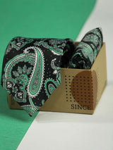 Black Paisley Printed Necktie and Pocket Square Set - TOSSIDO