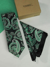 Black Paisley Printed Necktie and Pocket Square Set - TOSSIDO