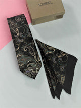 Black Paisley Printed Necktie and Pocket Square Set - TOSSIDO