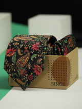 Black Paisley Printed Necktie and Pocket Square Set - TOSSIDO