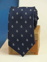 Blue anchor necktie in woven microfiber, flat lay
