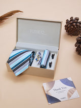 Blue & Black Striped Necktie Pocket Square Brooch & Cufflinks Giftset