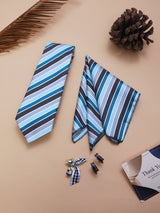 Blue & Black Striped Necktie Pocket Square Brooch & Cufflinks Giftset