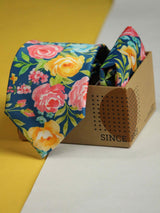 Blue Floral Printed Necktie and Pocket Square Set - TOSSIDO