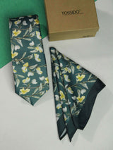 Blue Floral Printed Necktie and Pocket Square Set - TOSSIDO