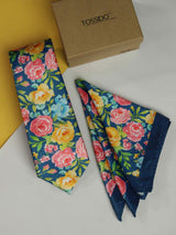 Blue Floral Printed Necktie and Pocket Square Set - TOSSIDO