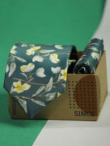 Blue Floral Printed Necktie and Pocket Square Set - TOSSIDO