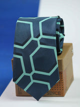 Blue geometric necktie in azure with a woven hexagon pattern