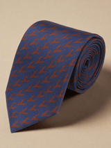 Blue geometric necktie in printed microfiber, close-up