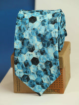 Blue geometric necktie in printed microfiber, flat lay
