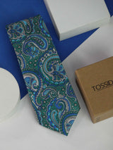 Blue & Green Paisley Printed Necktie - TOSSIDO