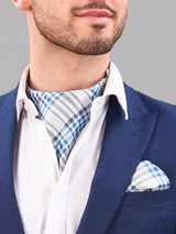 Blue & Grey Check Woven Cravat & Pocket Square Set - TOSSIDO