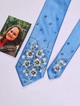 Blue Hand - Painted Woven Necktie - Floral Pattern - TOSSIDO