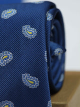 Blue paisley necktie in woven microfiber, tied view