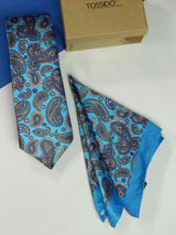 Blue Paisley Printed Necktie and Pocket Square Set - TOSSIDO