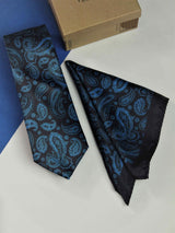 Blue Paisley Printed Necktie and Pocket Square Set - TOSSIDO