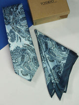 Blue Paisley Printed Necktie and Pocket Square Set - TOSSIDO