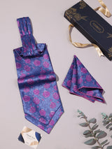 Blue & Pink Floral Woven Ascot & Pocket Square - TOSSIDO