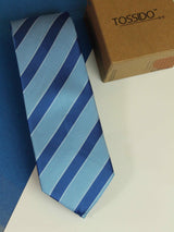 Blue stripe necktie in woven microfiber, flat lay