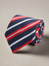 Blue stripe necktie in woven microfiber, close-up
