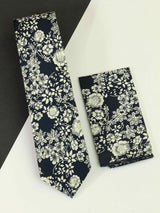 Blue & White Floral Necktie & Pocket Square Giftset - TOSSIDO