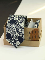 Blue & White Floral Necktie & Pocket Square Giftset - TOSSIDO