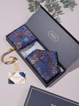 Brown & Blue Floral Woven Ascot & Pocket Square - TOSSIDO