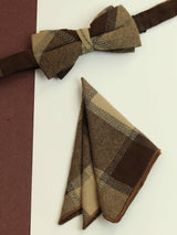 Brown Check Bowtie & Pocket Square Set - TOSSIDO