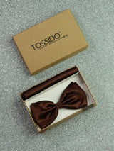 Brown Solid Bowtie & Pocket Square Set - TOSSIDO