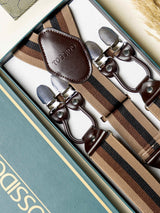 Brown Stripes Elastic Suspender with Brown Leather Trims - TOSSIDO