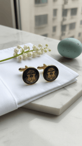 Crimson Crest Black & Gold Round Cufflinks - TOSSIDO