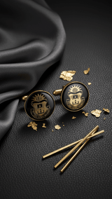 Crimson Crest Black & Gold Round Cufflinks - TOSSIDO