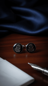 Crimson Crest Black & Silver Round Cufflinks - TOSSIDO