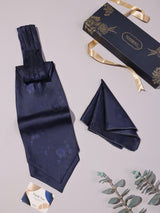 Dark Blue Bold Floral Woven Ascot & Pocket Square - TOSSIDO