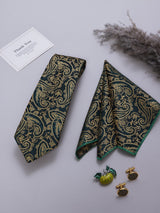 Dark Green & Gold Paisley Necktie Pocket Square Brooch & Cufflinks Giftset