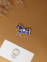 Blue Enamel Crystal Saddle Horse Brooch