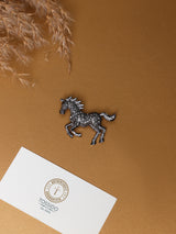 Gunmetal Crystal Running Horse Brooch